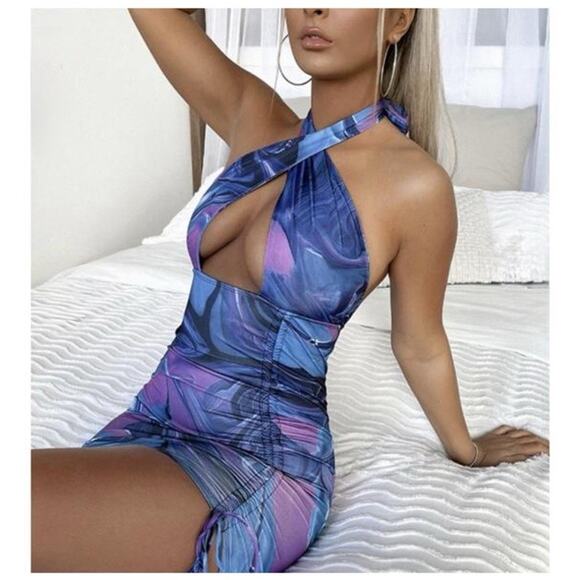 THATS SO FETCH Swiss Marble Mini Ruched Halter Bodycon Dress Sexy Club Dance 8 - Picture 1 of 12